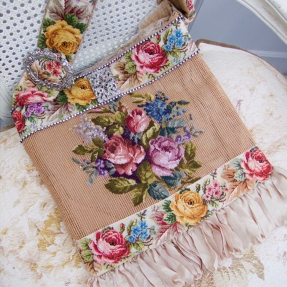 Vintage Roses Needlepoint Velvet Hand Made Floral french fabric Bag